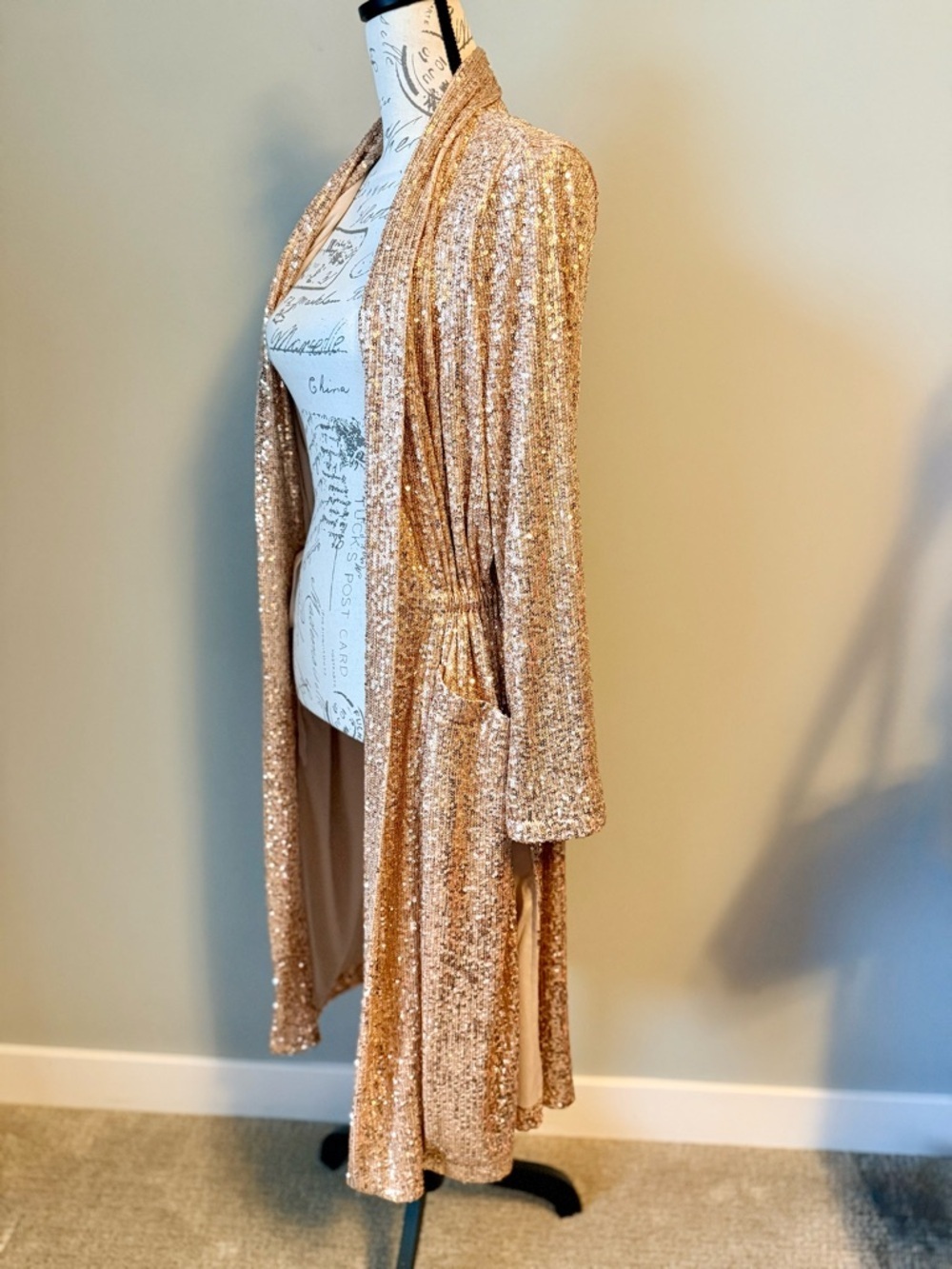 BB Dakota Steve Madden Show Stopper Rose Gold Sequin Duster Cardigan Small - Picture 3 of 10
